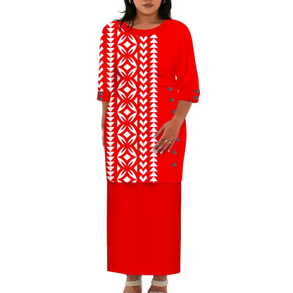 Hawaii Style Design Big Size Ladies Long Dress Custom Polynesian Puletasi Ptaha Dress O Neck Prom Clothes 2 Piece Outfits Sets
