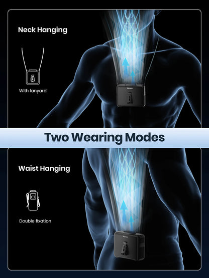 Warmco 20000mAh Portable Neck Waist Fan 72H Battery 4Speeds 15000RPM Clip On Wearable Belt Cooling Fan LED Flashlight Power Bank