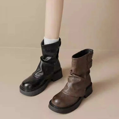 New Women's Platform Ankle Boots - Buckle Detail Retro Chunky Heel Booties,Fall/Winter Fashion Low-Cut Boots