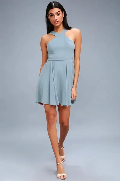 Women Sleeveless Backless Sexy Club Mini Dress 2024 Summer Party Strappy Back Zipper Solid Shift Halter Short Dresses
