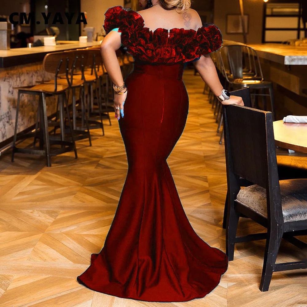 CM.YAYA Winter Women Slash Neck Sleeveless Ruffles Empire Dress Sexy Evening Party Night Mermaid Maxi Long Bandage Dresses