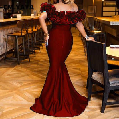 CM.YAYA Winter Women Slash Neck Sleeveless Ruffles Empire Dress Sexy Evening Party Night Mermaid Maxi Long Bandage Dresses