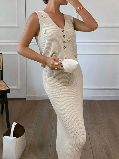 Two Piece Set Women Outfit Spring New Three-Dimensional Flower Decor V-Neck Sleeveless Knitted Vest & High Waist Skirt Set