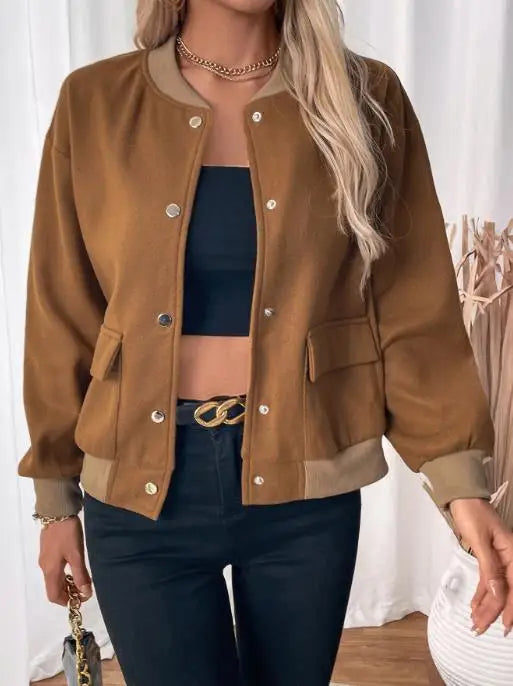 Women's Jacket Autumn Winter New Solid Color Baseball Collar Long Sleeve Casual Pocket Design Single-Breasted Daily Jacket