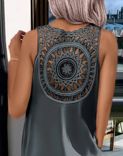 Womens Dresses Summer Fashion Slit Hollow-Out Casual Plain Round Neck Sleeveless Daily Straight Mid-Calf Dress