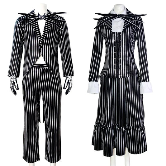 Christmas Eve Costume Jack on Skeleton Men's Women's Full Sally Black and White Stripes Cosplay Halloween