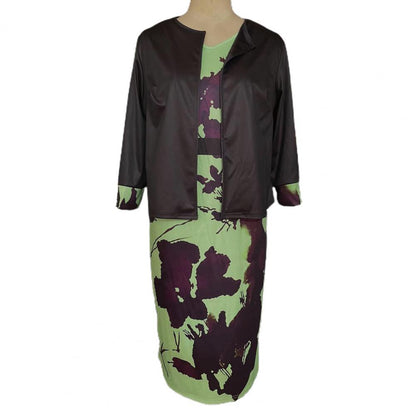 2 Pcs/Set Women Coat Dress Suits Set Floral Print Sheath Midi Dress Open Stitch Dress Suit Jacket Women Outfit Set