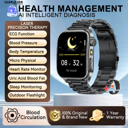 2025 New Mcro Phsical Examination 650nm Laser Therapy ECG Urci Acid Blood Fat Smart Watch Men Blood Pressure Heart Rate Bracelet