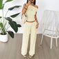 Two Piece Set Women Outfit  Summer New Solid Color Slanted Collar Tank Top & High Waist Casual Wide Leg Long Pants Set