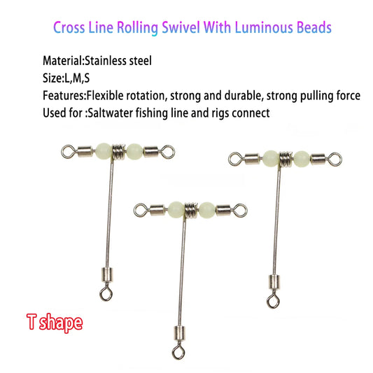 LIONRIVER Luminous Beads  T-Shape Rolling Fishing Swivels Cross-Line Barrel Swivel For Saltwater Fishing Line Rig Lure Connector