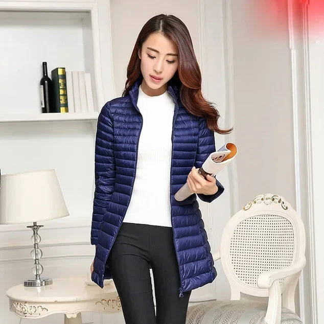 Autumn Winter Women White Duck Down Jacket Female ultra Light Slim Thin Zipper Warm Feather Long Down Coat Good Quality Parkas