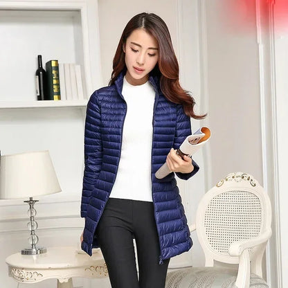 Autumn Winter Women White Duck Down Jacket Female ultra Light Slim Thin Zipper Warm Feather Long Down Coat Good Quality Parkas