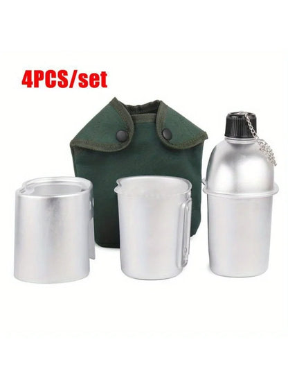 4pcs/set,Military Canteen Cookware Set Aluminum Alloy Canteen Multi-Functional Water Bottle with Grab Handled Cup Green Canvas