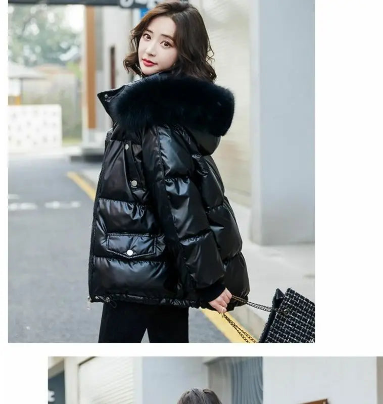 2025 Winter Fashion New Warm Duck Down Jacket Women's Clothes Glossy Fur collar Thicken Parka Short Down Coat Female Trend