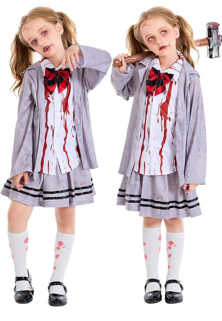 Girls Zombie School Costume Uniform Child Vampire Costume Outfits Scary Halloween Costume for Kids Zombie School Boy Outfits