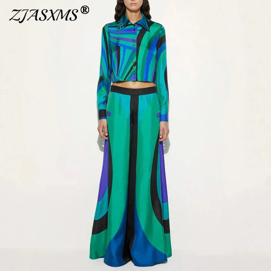 Vintage Geometric Print Satin Elegant Women's Sets Spring Button Polo Neck Shirt & Wide Leg Pants Outfit Long Sleeve Autumn Suit