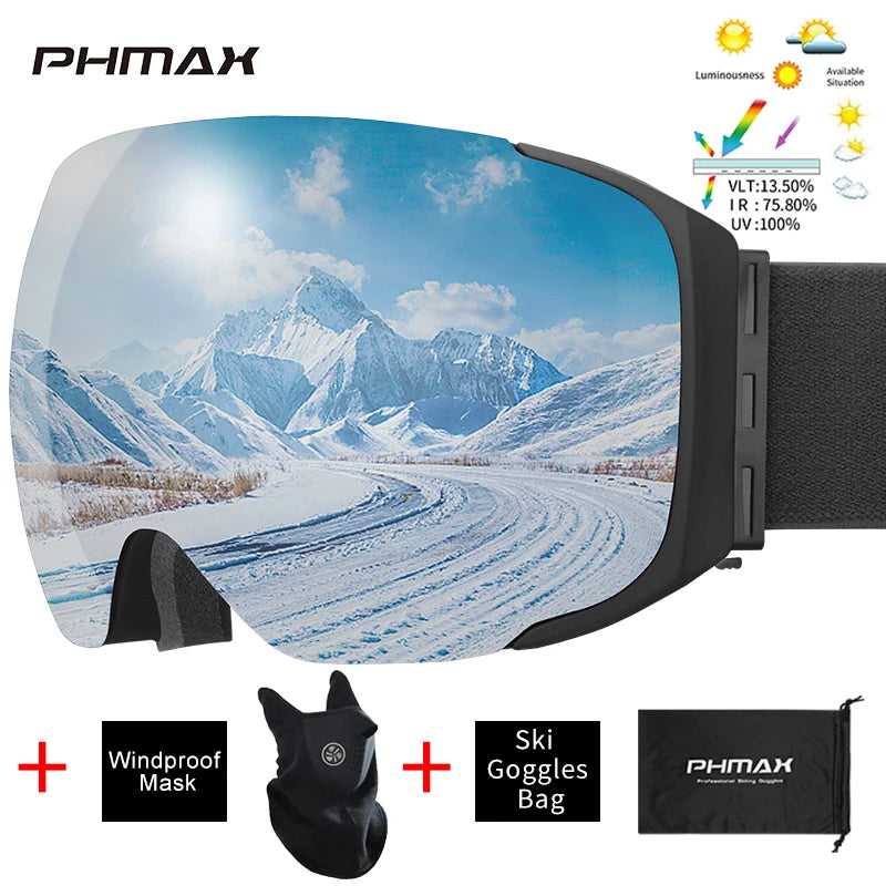 PHMAX Magnetic Ski Goggles UV400 Skiing Eyewear Anti-fog Lens Women Men Winter Outdoor Sports Mountain Snowboard Big Snow Goggle