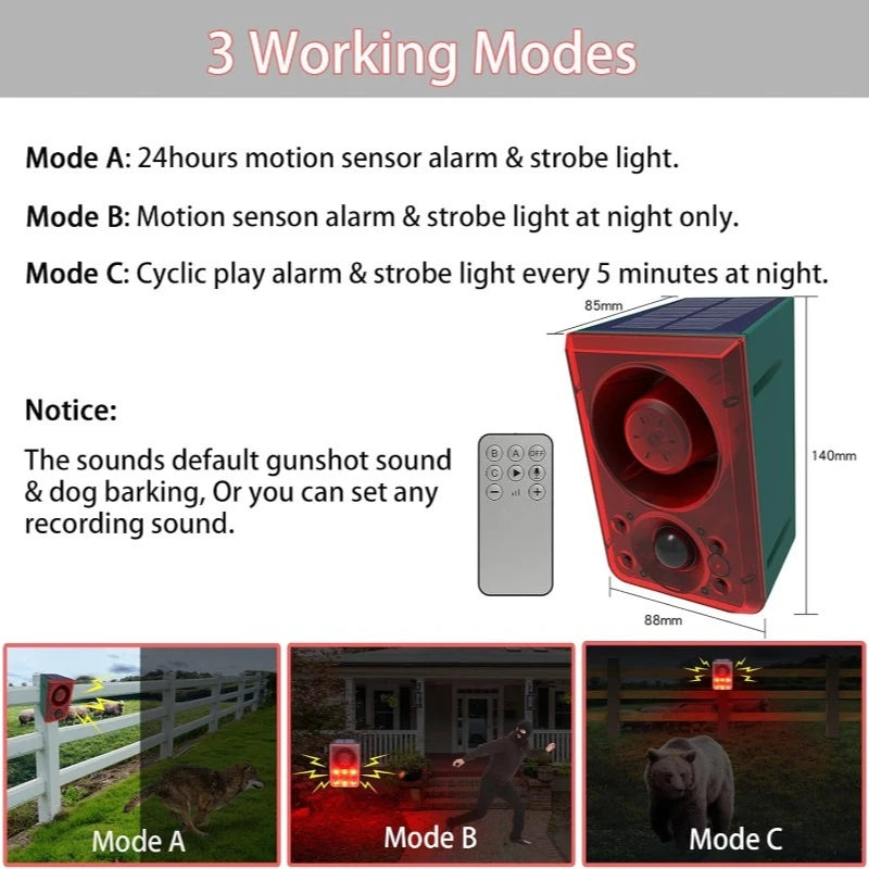 Solar Motion Alarm Lamp 130dB Dog Bark Gunshot Waterproof LED Strobe Light Remote for Garden Farm Chicken Coop Support Recording