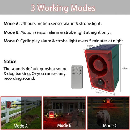 Solar Motion Alarm Lamp 130dB Dog Bark Gunshot Waterproof LED Strobe Light Remote for Garden Farm Chicken Coop Support Recording