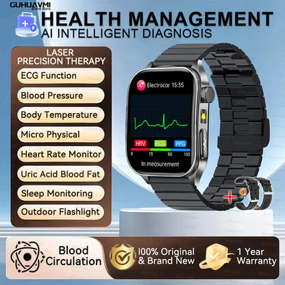 2025 New Mcro Phsical Examination 650nm Laser Therapy ECG Urci Acid Blood Fat Smart Watch Men Blood Pressure Heart Rate Bracelet
