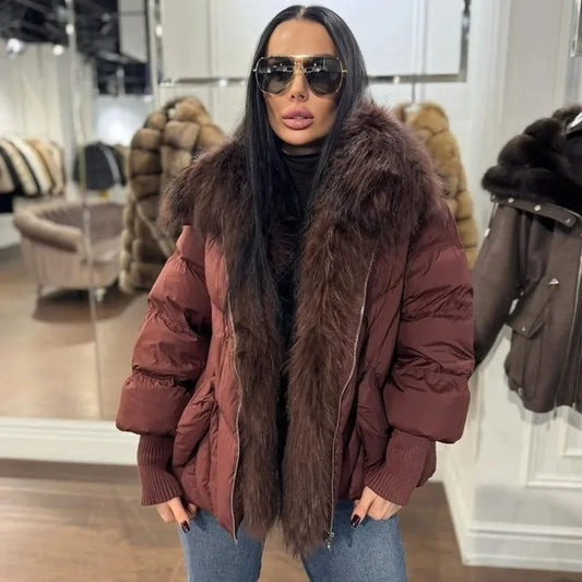 OFTBUY 2025 New Winter Large Real Raccoon Fur Puffer Coat Women Oversized Feather Down Parka Knit Sleeve White Duck Down Jacket