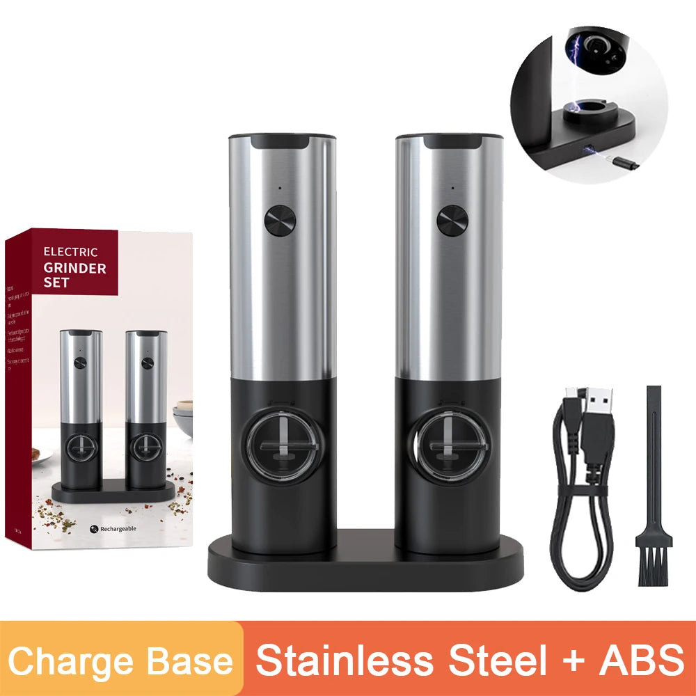 Rechargeable Electric Salt And Pepper Grinder Set With LED USB Charging Base Stainless Steel Automatic Spice Grinder Pepper Mill