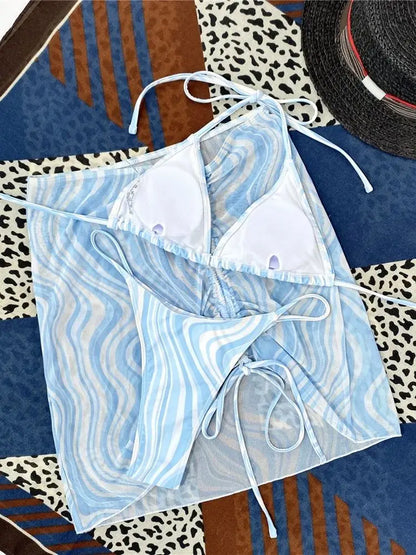 2025 New Sexy Striped Printed Three Pieces Bikini Sets Swimsuit For Women Swimwear Female Halter Strappy Bathing Suits Beachwear