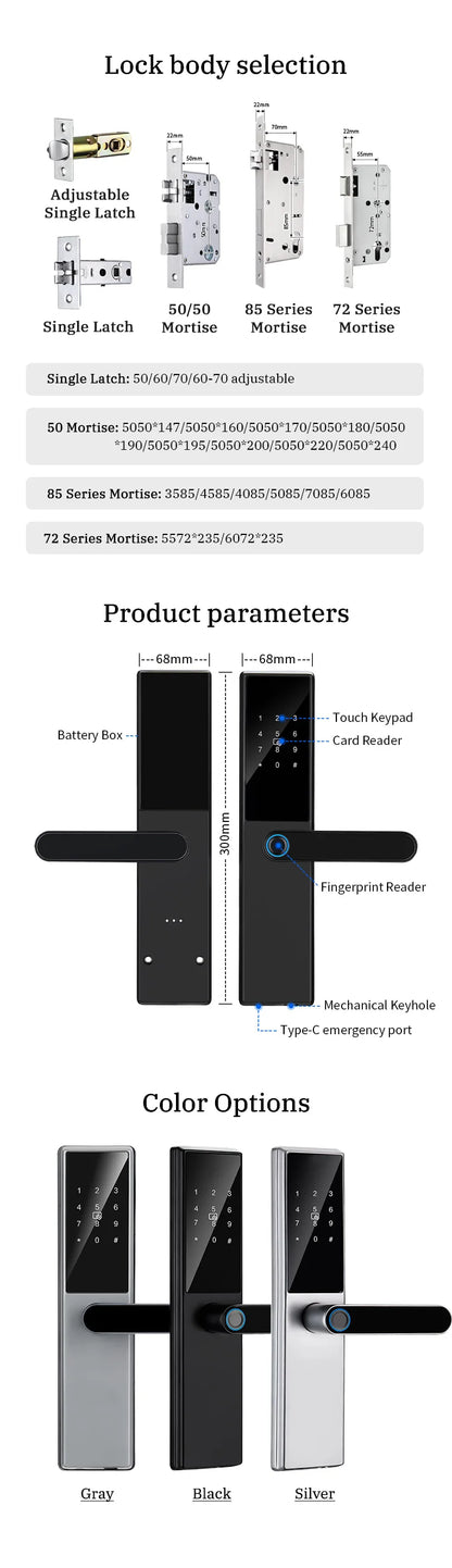 Bluetooth Fingerprint Door Lock TTLock App Code Card Key Touch Screen Smart Door Lock Security Digital Electronic Lock For Home