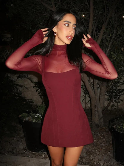 Huhugirl Mesh Patchwork Dresses For Women Fashion Sexy Streetwear Solid Full Sleeve Turtleneck Skinny Mini Vestidos Robes Female