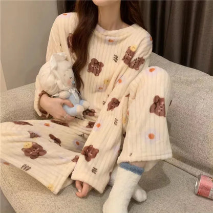 Adorable Sweet Coral Fce Thiened Autumn Winter Spwear Women's Casual Home Clothes Set Long Pants Comfortable Leisure ...