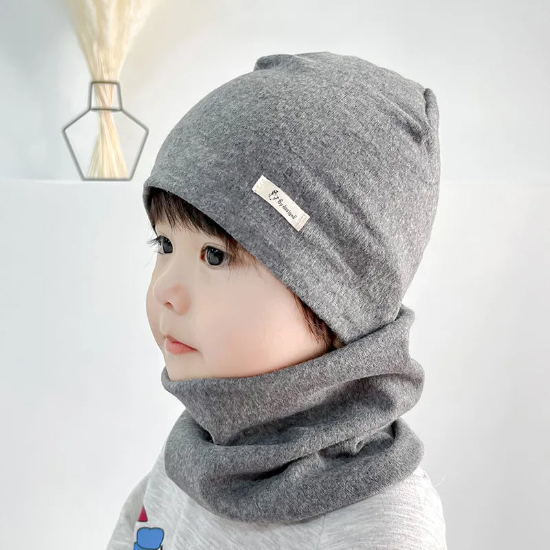 Autumn Winter Cotton Knit Children's Hat Collar 2 Set Boys and Girls Hats Set Baby Solid Color Scarf Cap two-piece