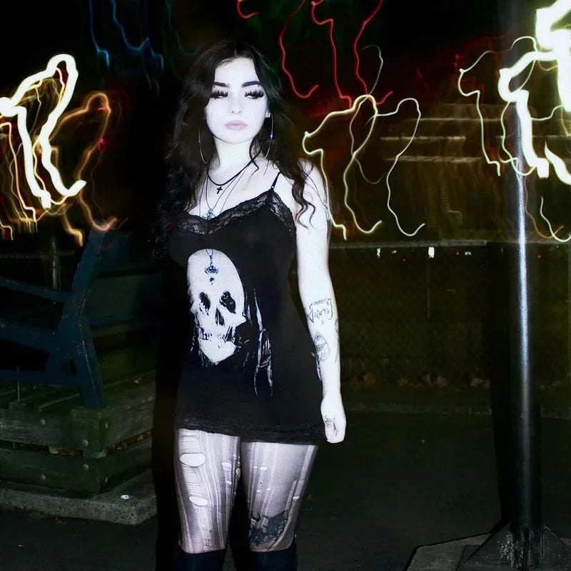 Gothic Skull Print Club Party Cami Mini Dress Women's Harajuku Emo Grunge Punk Backless Lace Trim  Bodycon