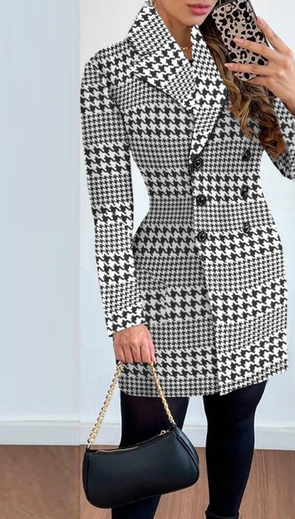 Female Jacket Autumn Fashion Double Breasted Plaid Print Elegant Long Sleeved Notched Collar Casual Daily Blazer Coat