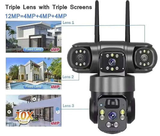 Solar WiFi Security Camera, V380 Pro  Triple Screen PTZ CCTV, AI Auto Tracking, Waterproof Outdoor Wireless Solar Camera