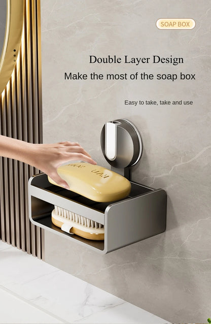No-Drill Bathroom Soap Holder - Suction Cup Wall Mount Organizer Double Drainage, Holds Soap & Sponge, Space-Saving Storage Rack