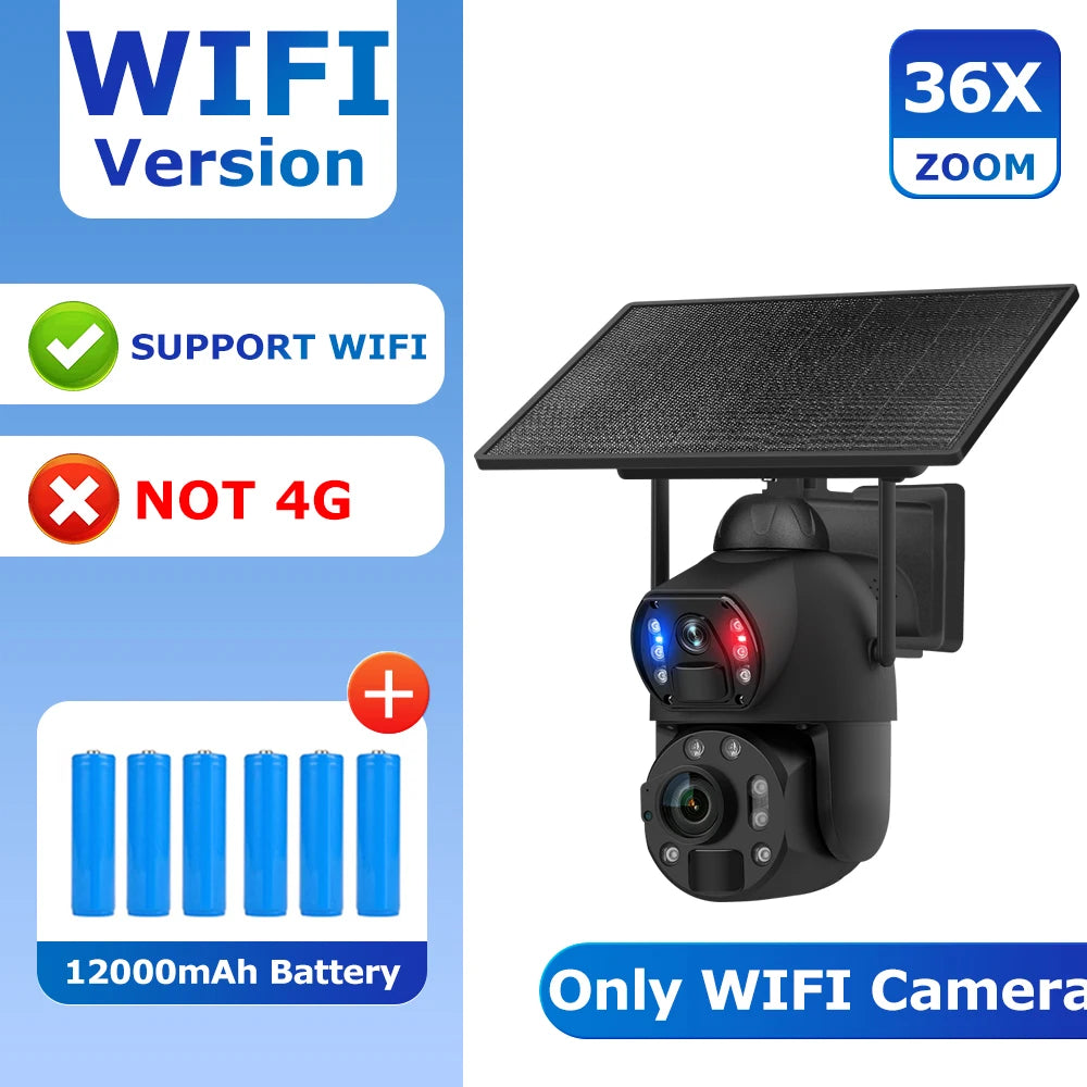 SHIWOJIA 4K 8MP 36X Zoom 4G Solar Camera Dual Lens Dual Screen Human Detect Auto Tracking Outdoor 10W Solar Panel WIFI CCTV