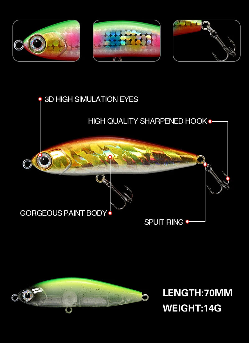 70mm 14g Pencil Fishing Lure Sinking Stickbait 3D Eyes Artificial Bait Long Casting Minnow Wobbler Bass Pike Fishing Tackle