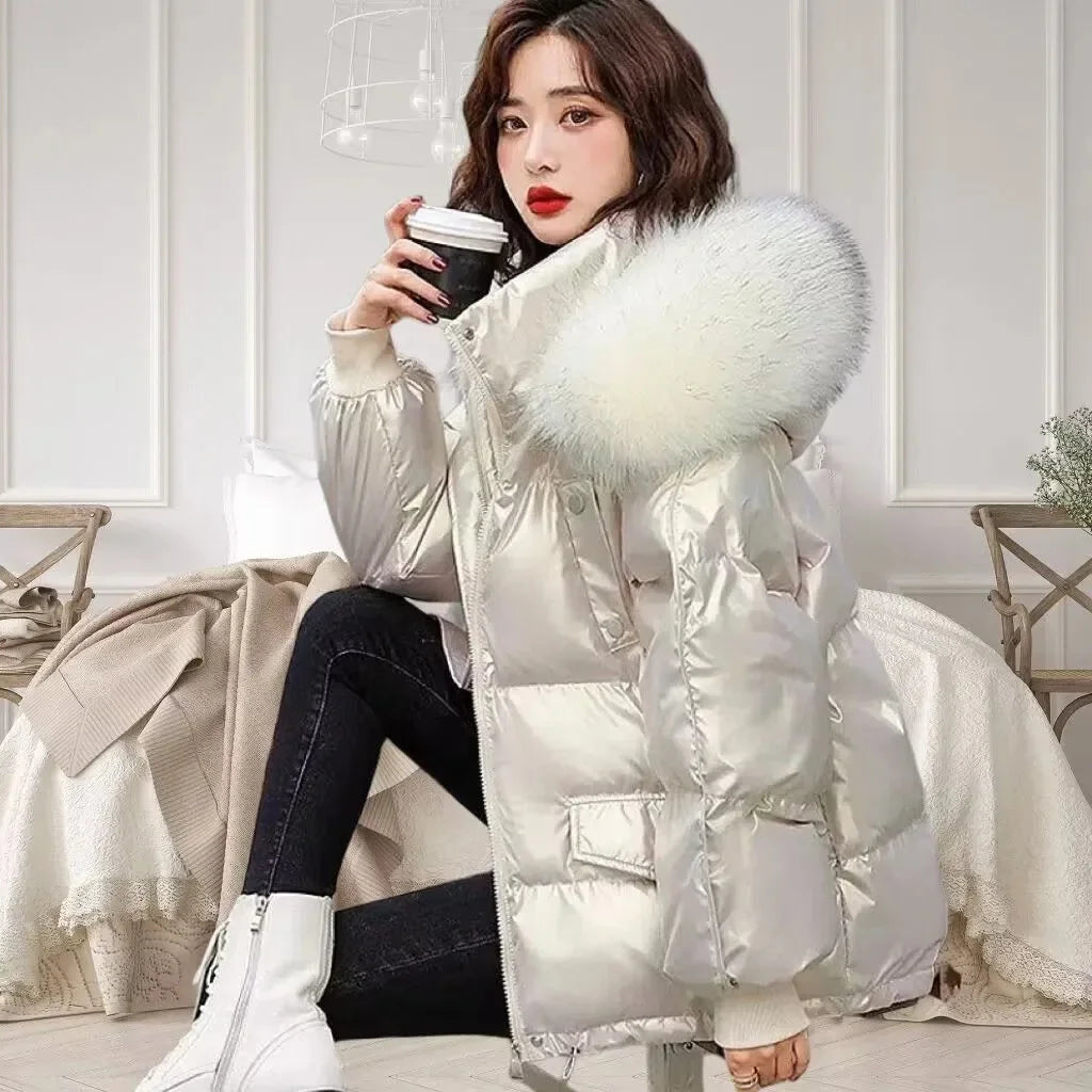 2025 Winter Fashion New Warm Duck Down Jacket Women's Clothes Glossy Fur collar Thicken Parka Short Down Coat Female Trend
