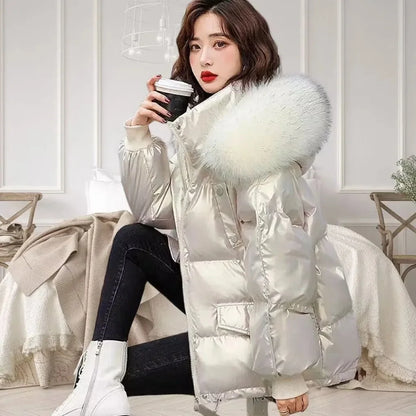 2025 Winter Fashion New Warm Duck Down Jacket Women's Clothes Glossy Fur collar Thicken Parka Short Down Coat Female Trend