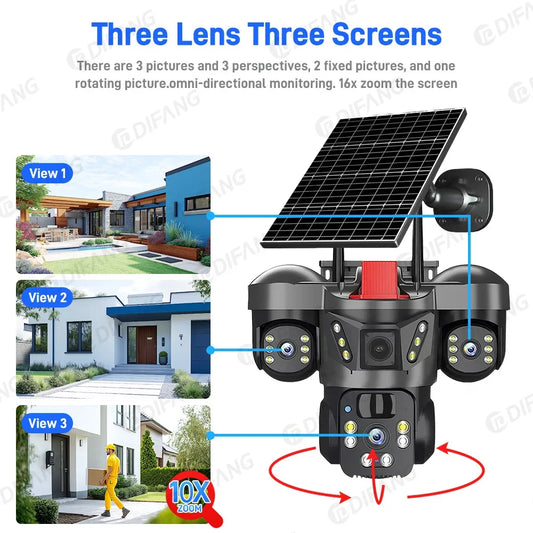 8K 15MP Three Screen 10X Zoom Wifi Surveillance Camera V380 Pro 4G Camera Solar Outdoor Waterproof Battery Security CCTV Solar