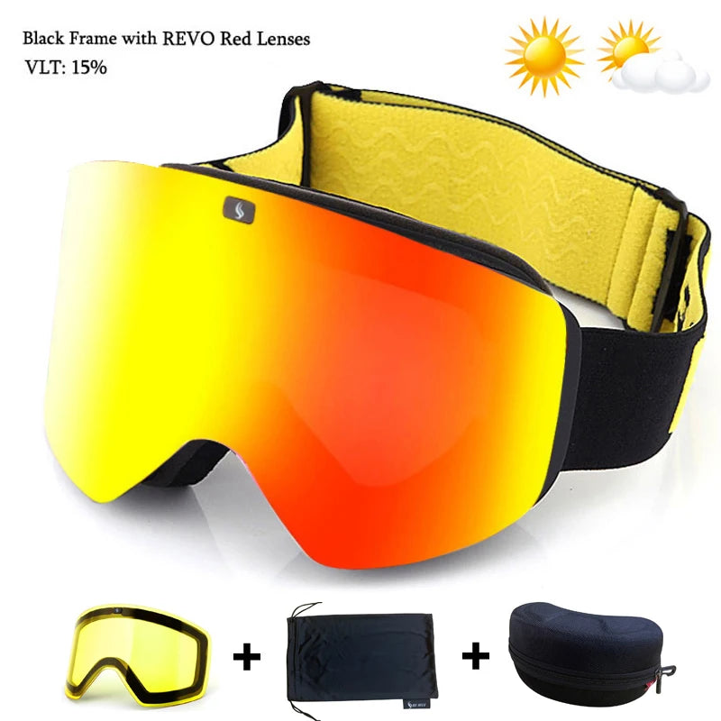 Ski Goggles with Magnetic Double Layer Yellow Lens Skiing Anti-fog UV400 Snowboard Goggles Men Women Ski Glasses Eyewear Set
