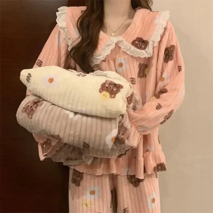 Ruffles Pajamas for Women Autumn Winter Peter Pan Collar Ruffle Sleeve Pajama Top and Elastice Waist Pants 2 Pcs Pajama Sets
