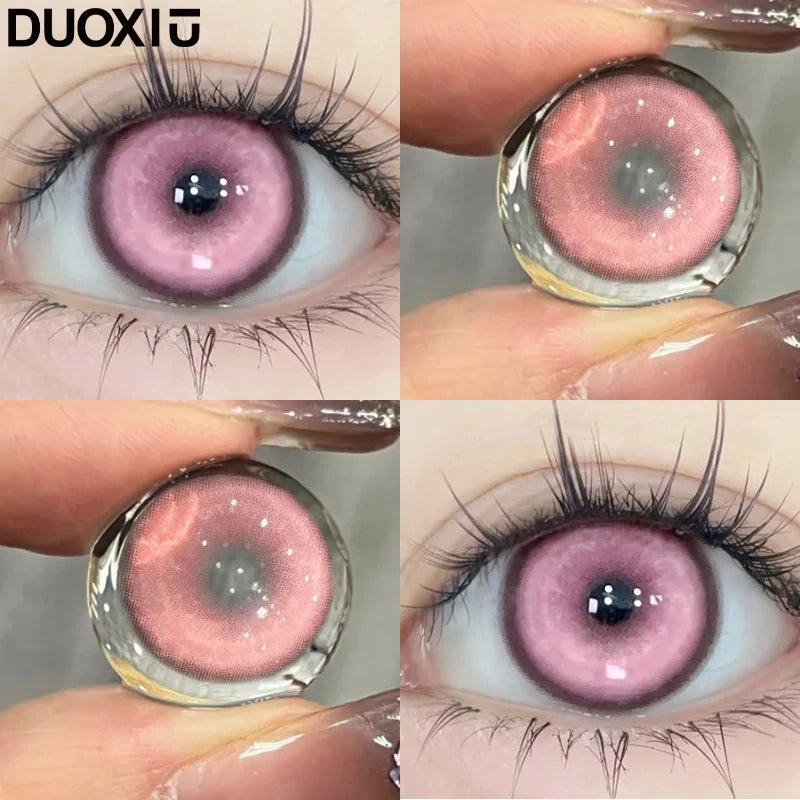 DUOXIU Yearly 365days Soft Lenses Pink-Blue Fashion Pupil Style Myopia Colored Contact Lenses (1 Pair) Covers Brown Eyes