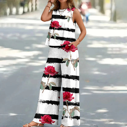 Bohemian Leaf Print Holiday Pants Set Round Neck Elegant Temperament Summer Sleeveless Top And Pants Hawaii Vacation Womenswear