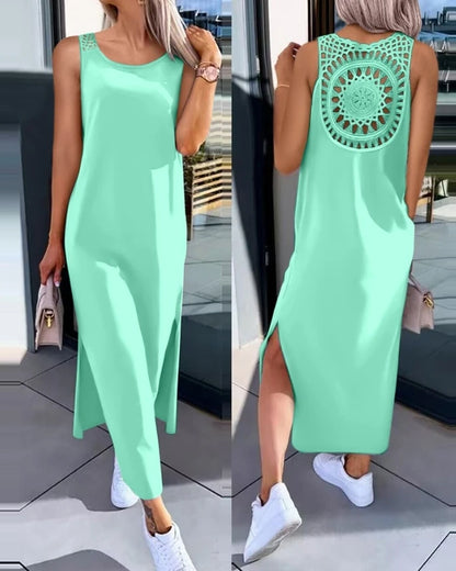 Womens Dresses Summer Fashion Slit Hollow-Out Casual Plain Round Neck Sleeveless Daily Straight Mid-Calf Dress