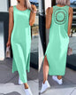 Womens Dresses Summer Fashion Slit Hollow-Out Casual Plain Round Neck Sleeveless Daily Straight Mid-Calf Dress