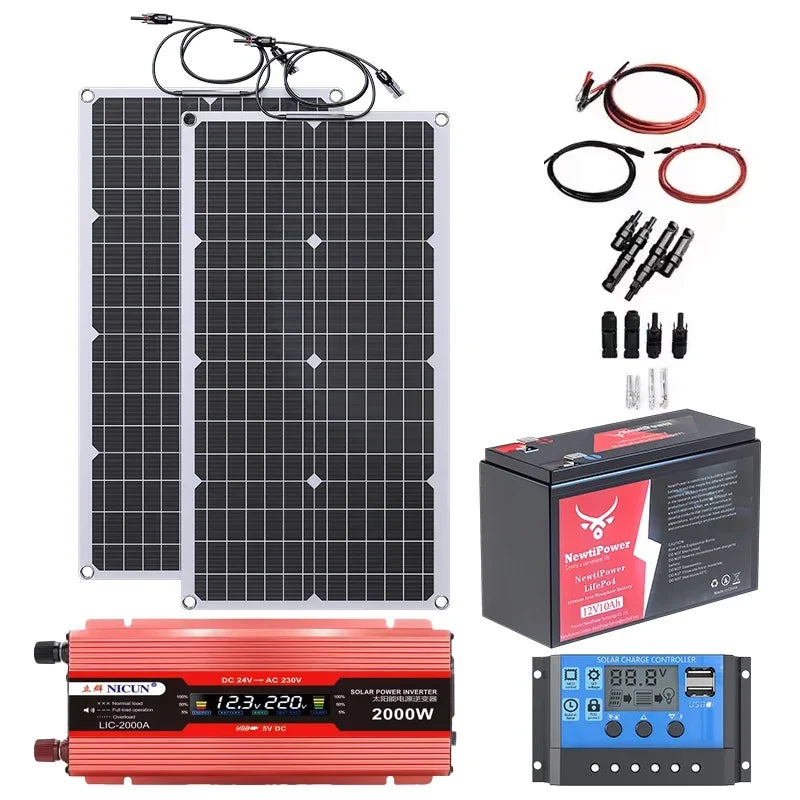 2000W Off-Grid Solar Complete Kit Power 100A Controller,110V 220V Inverter&10AH 30AH LiFePO4 Battery for Home/RV/Camping