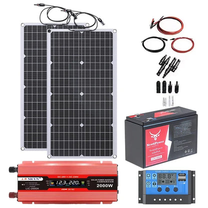 2000W Off-Grid Solar Complete Kit Power 100A Controller,110V 220V Inverter&10AH 30AH LiFePO4 Battery for Home/RV/Camping