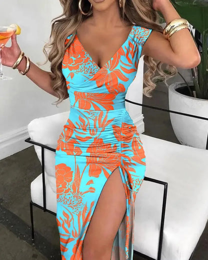 Womens Dresses Summer Floral Print Sexy V-Neck High Slit Sleeveless Casual Tight Fitting Daily High Waist Long Dress