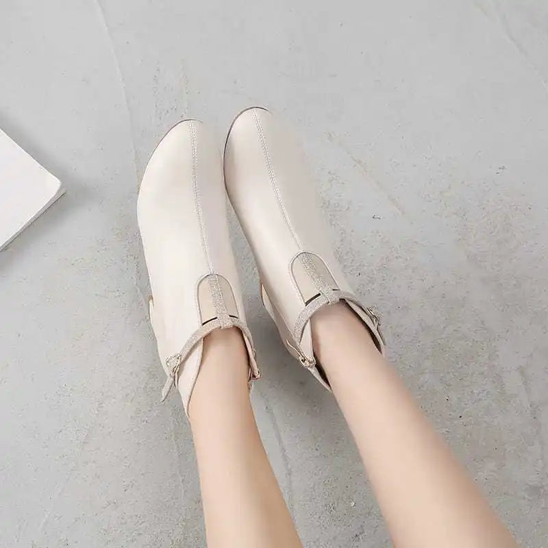 Leather Waterproof Women's Ankle Boots Round Toe Elegant Luxury Heeled Female Short Shoes Autumn Winter Warm Chic Pu Booties